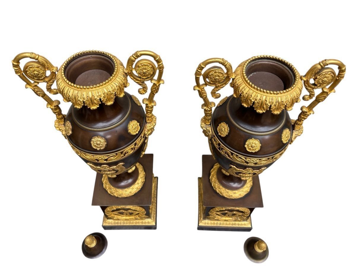 Pair Of Large Empire-style Casserole Dishes In Gilded/patinated Bronze, 19th Century.-photo-6