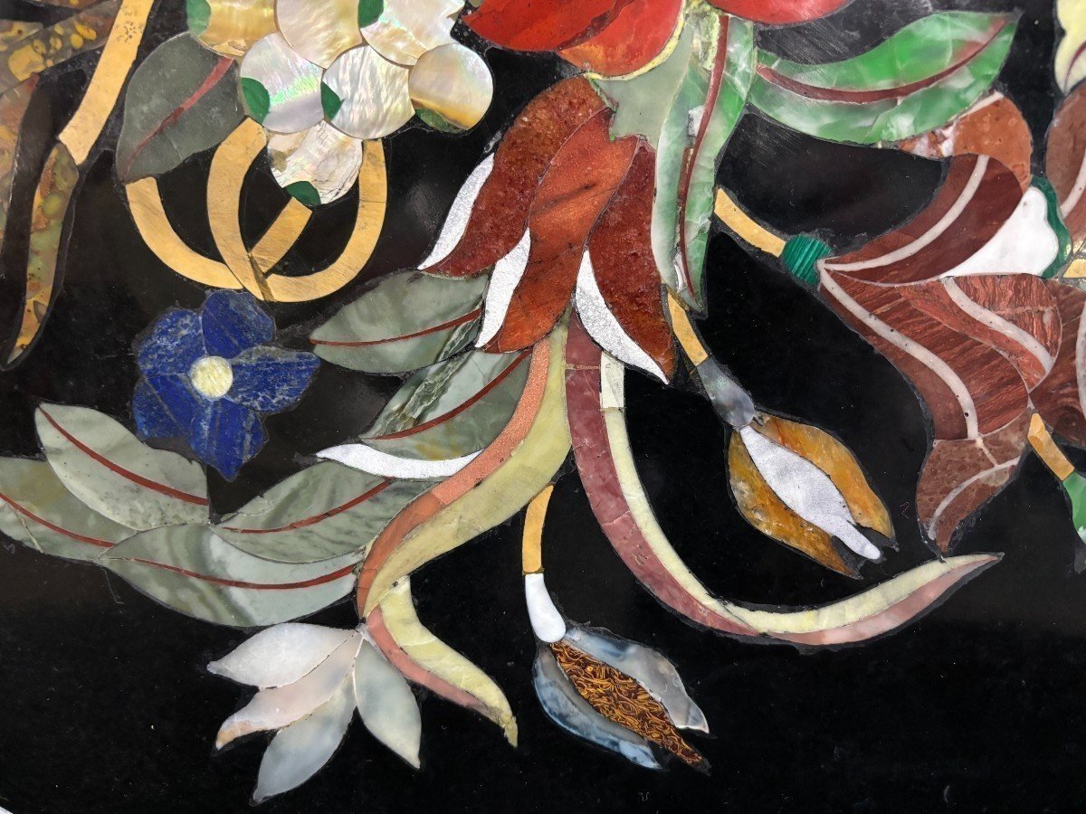 Large Round Table Top In Italian Pietra Dura With Floral Design, 20th Century.-photo-4