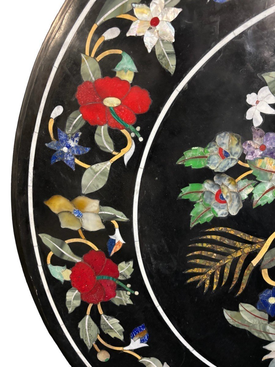 Large Round Table Top In Italian Pietra Dura With Floral Design, 20th Century.-photo-1