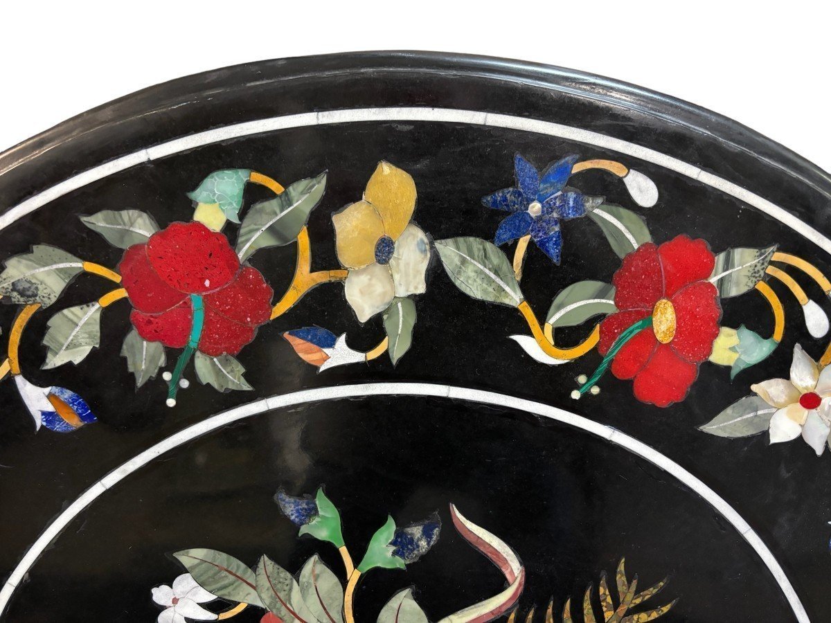 Large Round Table Top In Italian Pietra Dura With Floral Design, 20th Century.-photo-2