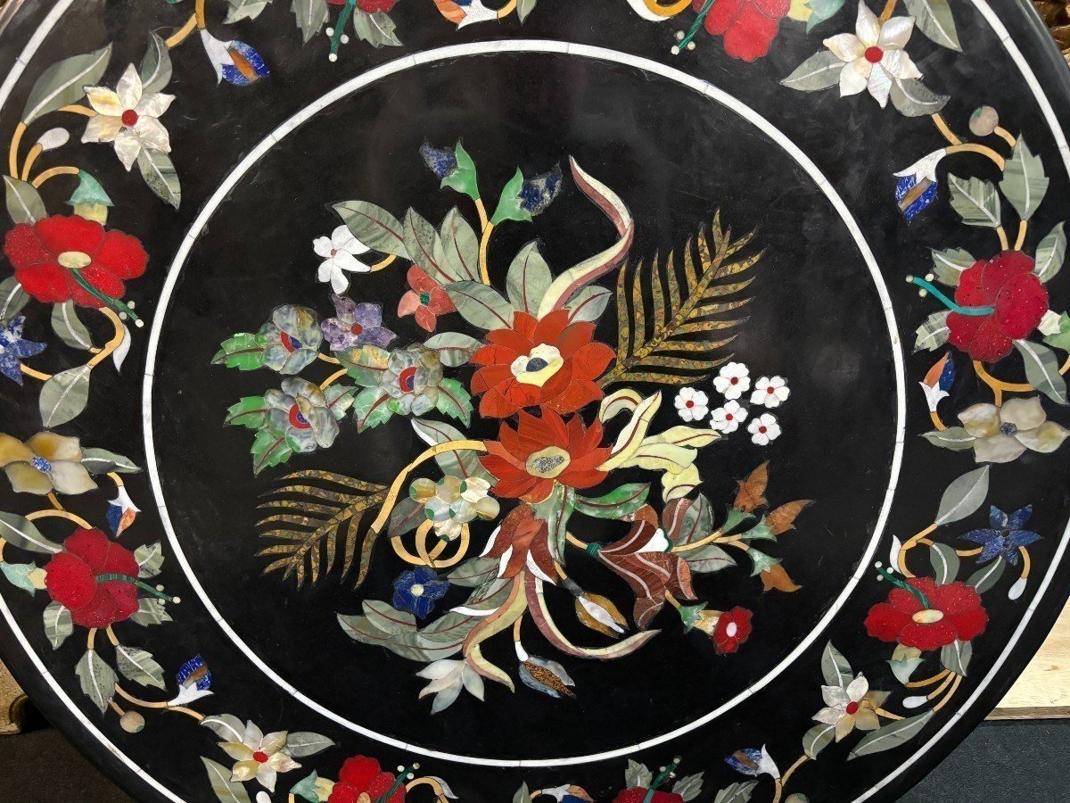 Large Round Table Top In Italian Pietra Dura With Floral Design, 20th Century.-photo-3