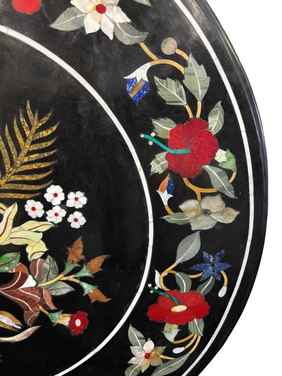 Large Round Table Top In Italian Pietra Dura With Floral Design, 20th Century.-photo-4
