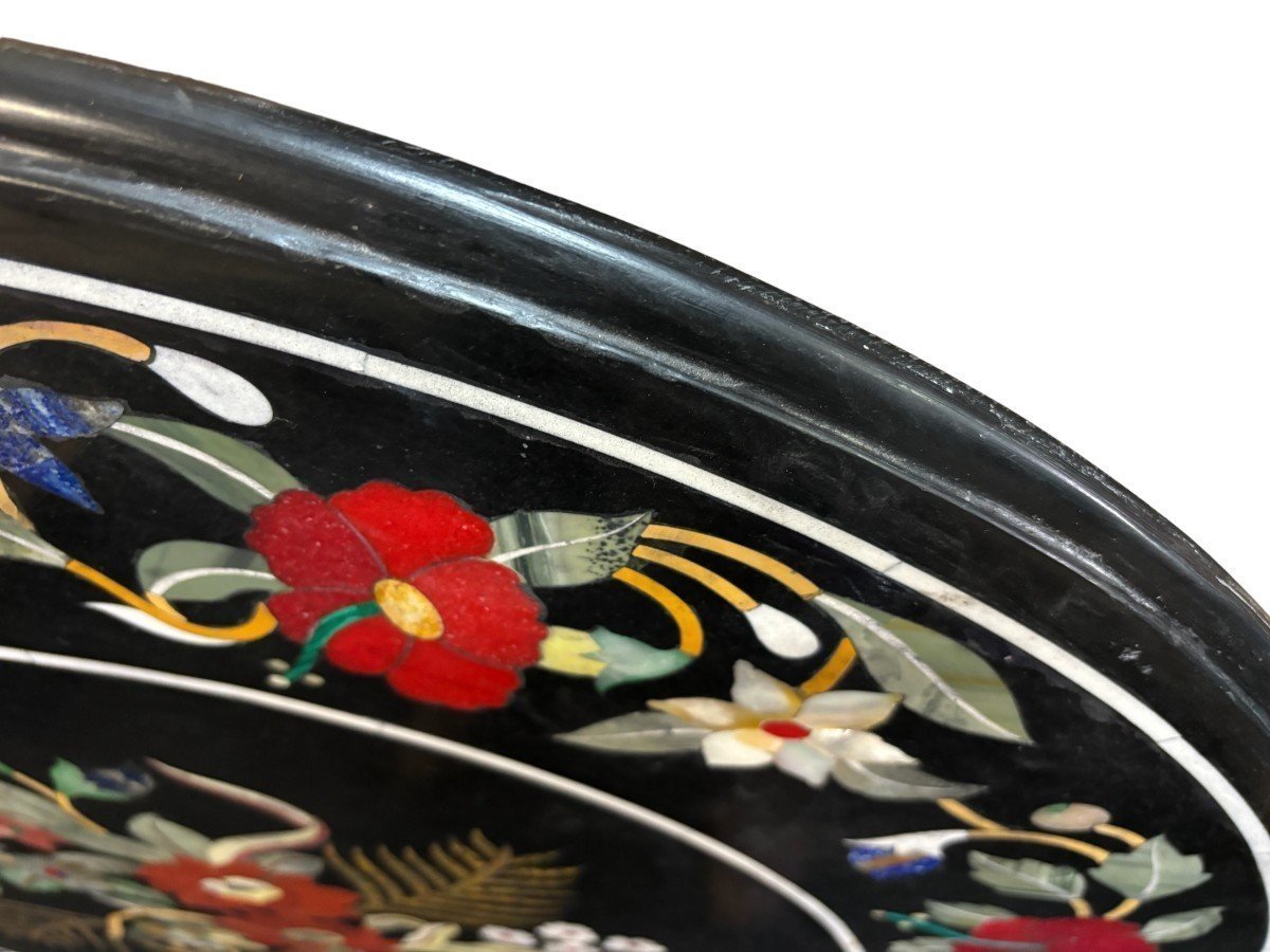 Large Round Table Top In Italian Pietra Dura With Floral Design, 20th Century.-photo-5