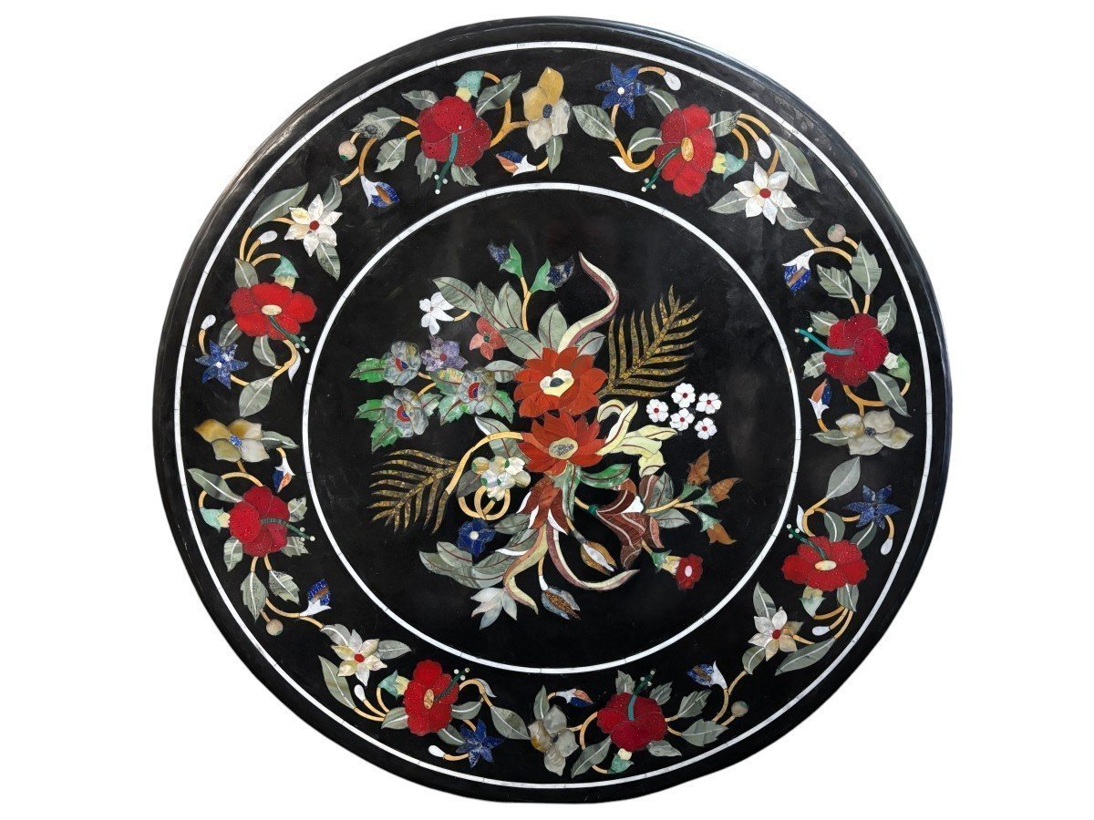 Large Round Table Top In Italian Pietra Dura With Floral Design, 20th Century.-photo-6