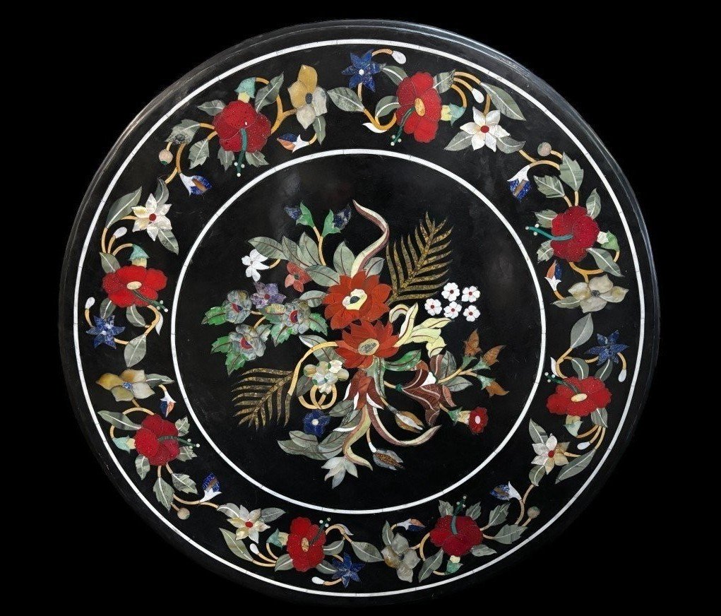 Large Round Table Top In Italian Pietra Dura With Floral Design, 20th Century.-photo-8