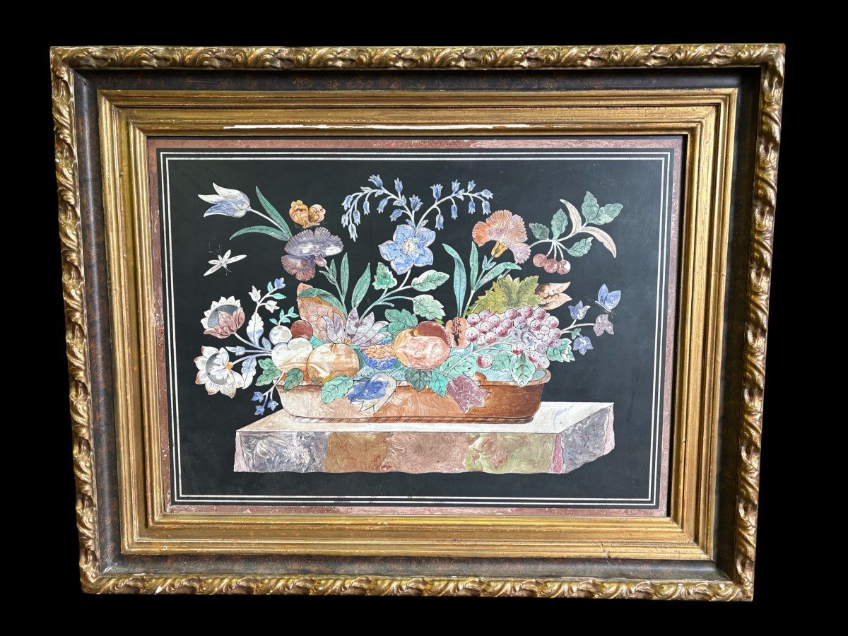 Painting, “still Life With Flowers” In Scagliola, 19th Century-photo-2