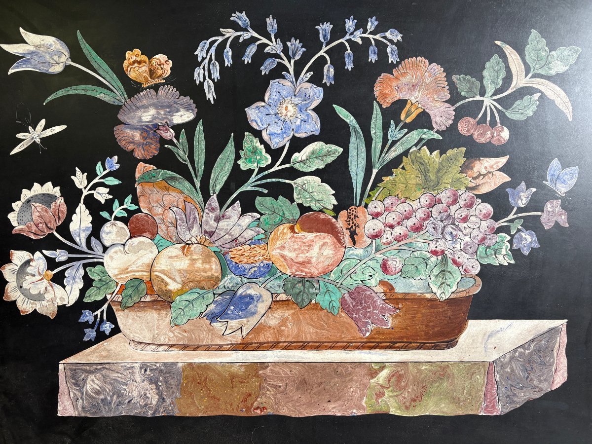Painting, “still Life With Flowers” In Scagliola, 19th Century