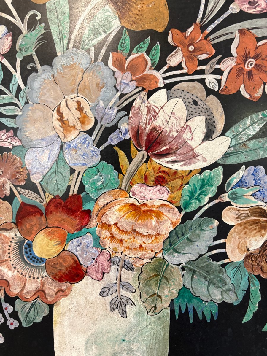 Peinture, « Nature morte aux fleurs » en scagliola, XIXe siècle-photo-2