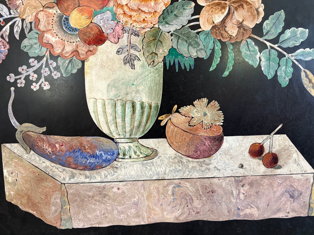 Peinture, « Nature morte aux fleurs » en scagliola, XIXe siècle-photo-4