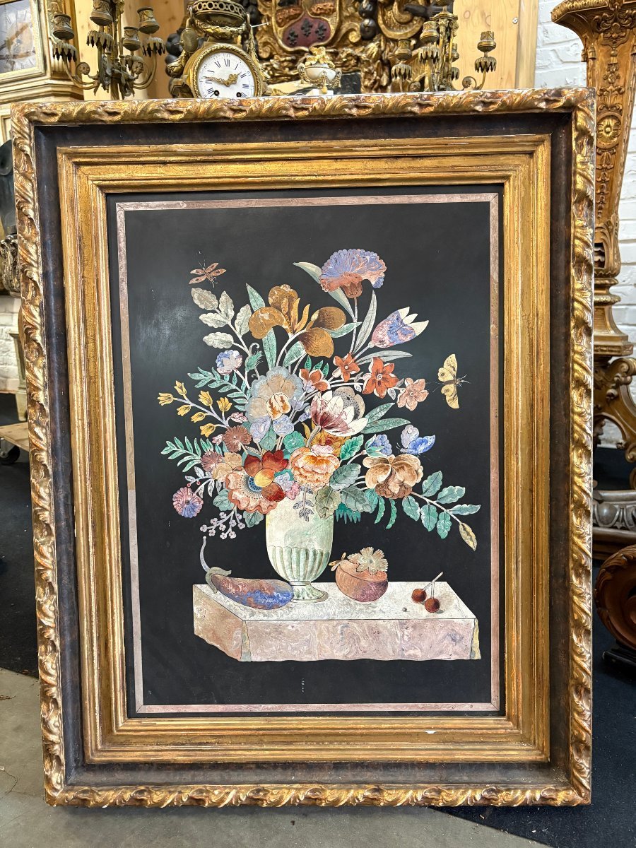Peinture, « Nature morte aux fleurs » en scagliola, XIXe siècle-photo-4