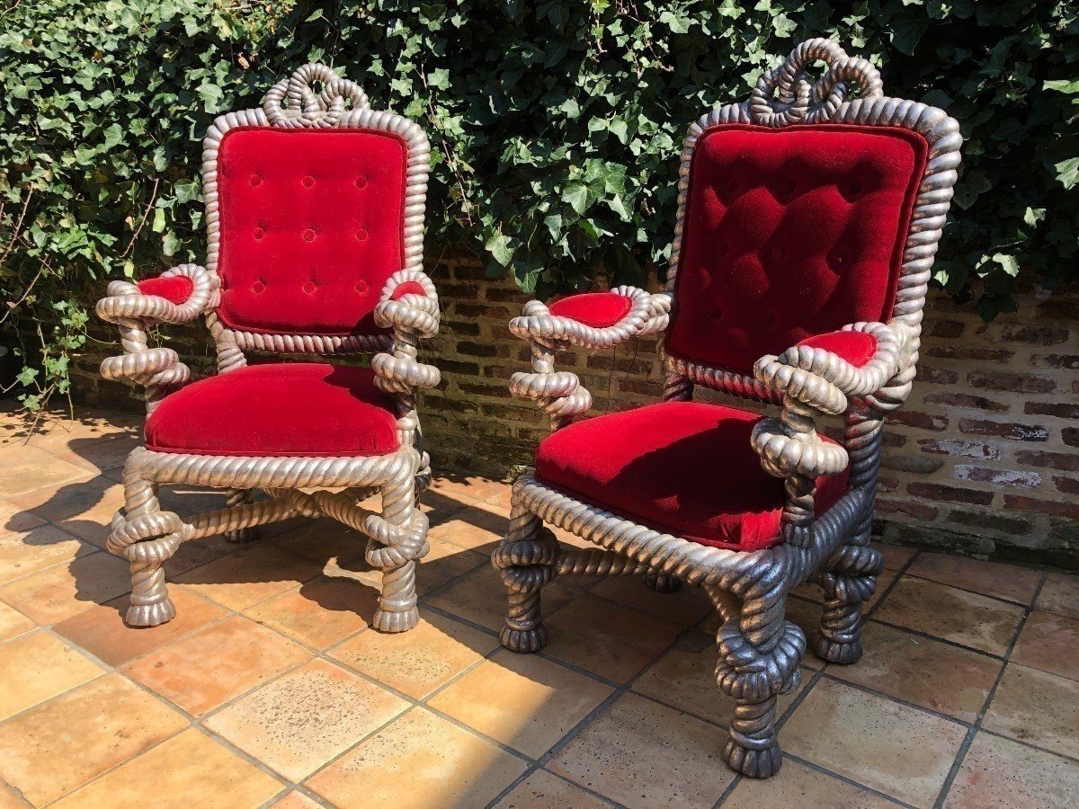 Rare Paire De Grands Fauteuils " Cordes " Fin 19ème.-photo-2