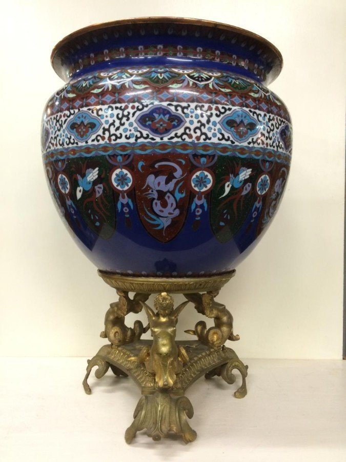 Grande Cashe-pot , Jardinière En émaille Cloisonné / Bronze 19ème.-photo-1