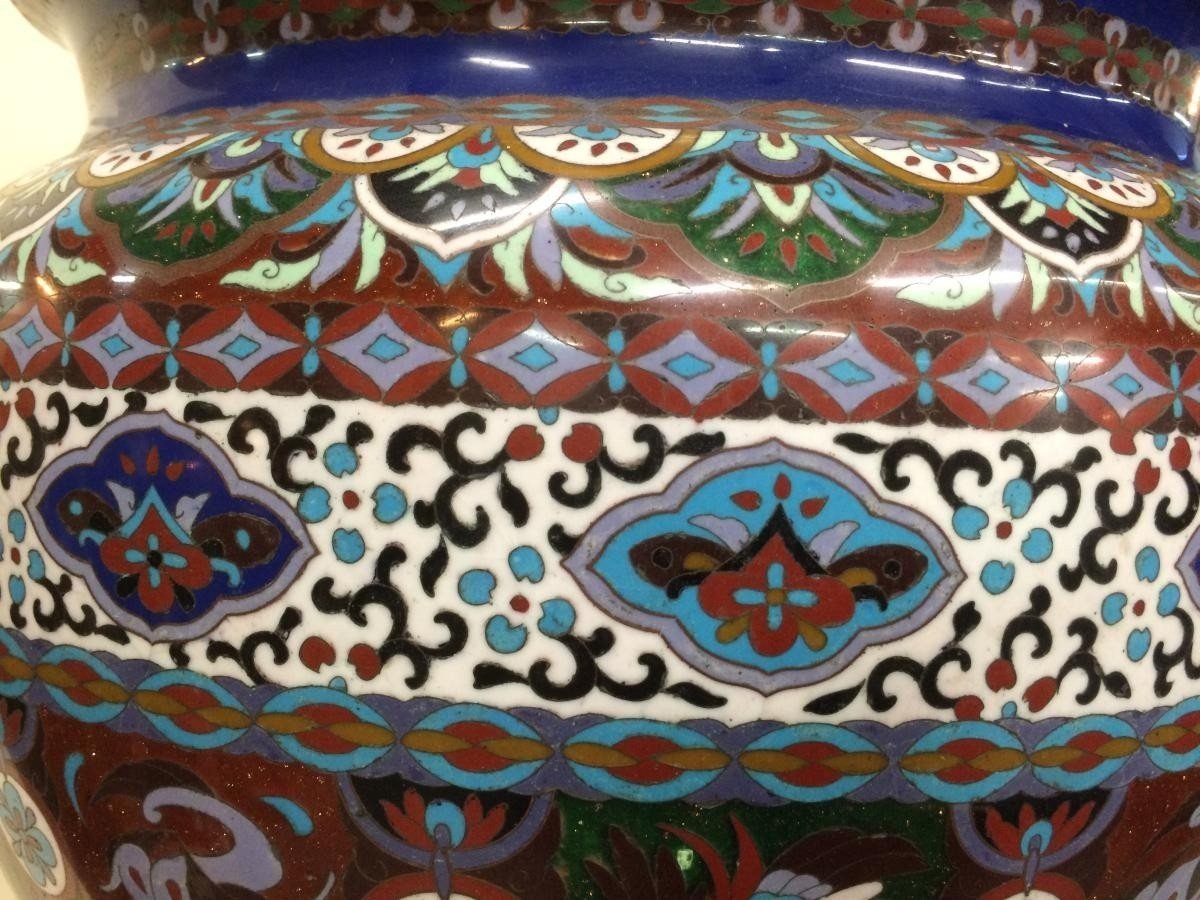 Grande Cashe-pot , Jardinière En émaille Cloisonné / Bronze 19ème.-photo-3