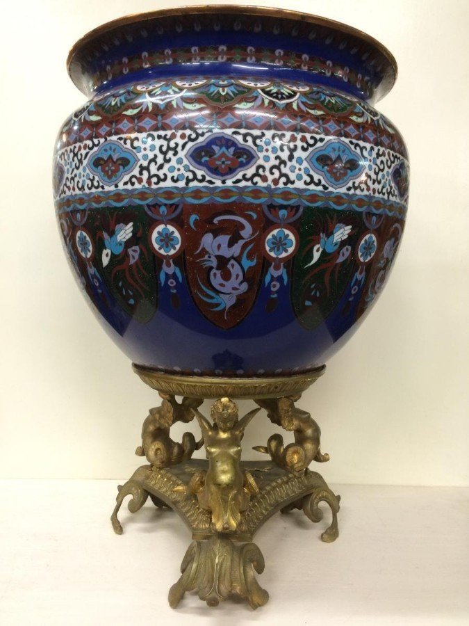 Grande Cashe-pot , Jardinière En émaille Cloisonné / Bronze 19ème.