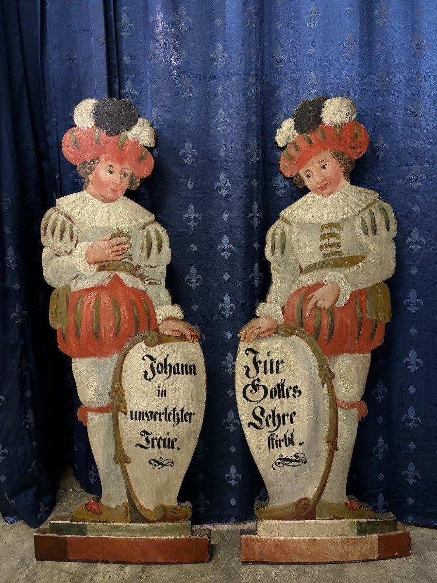 Paire De Gardiens De Chémineé En Bois Peint, 18ème Siècle.-photo-3