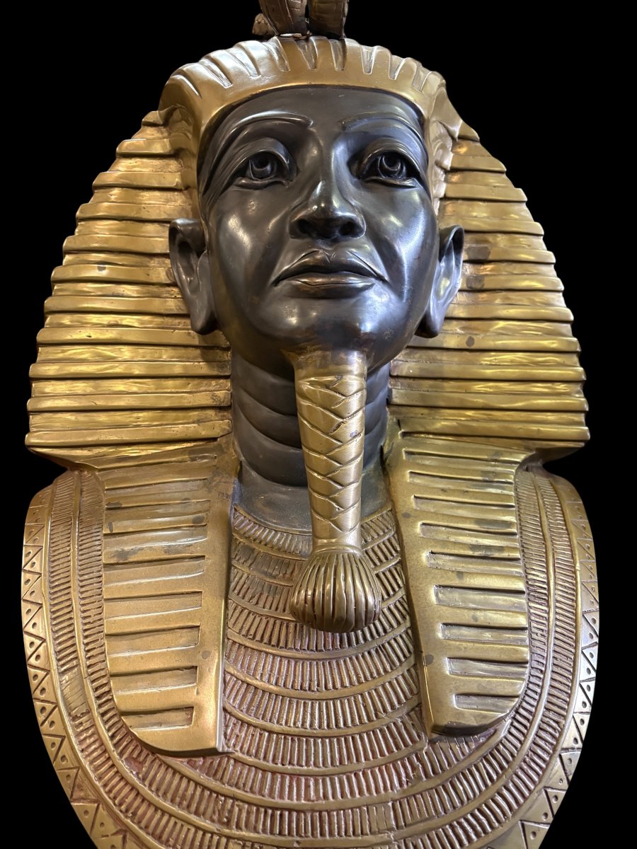 Large Bronze Bust Of Pharaoh "tutankhamun," 20th Century-photo-2