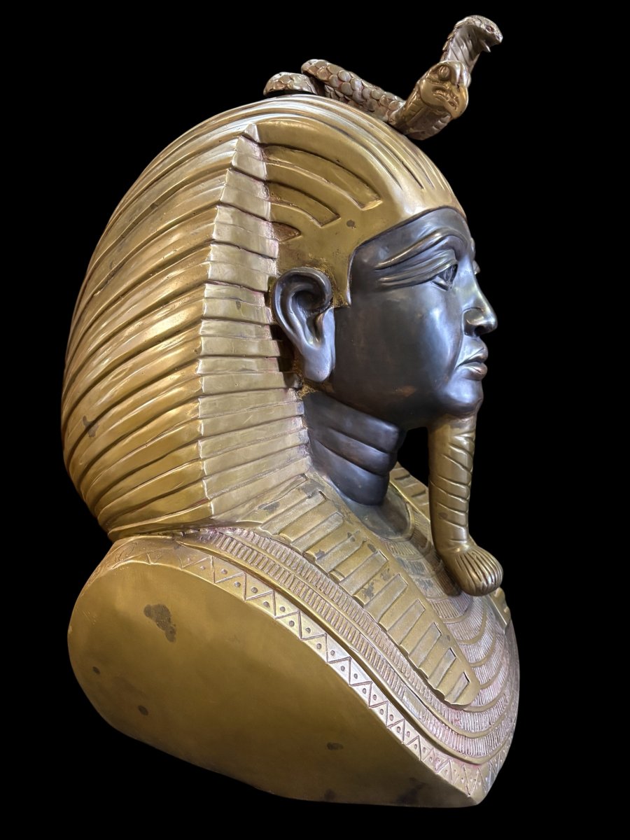 Large Bronze Bust Of Pharaoh "tutankhamun," 20th Century-photo-3