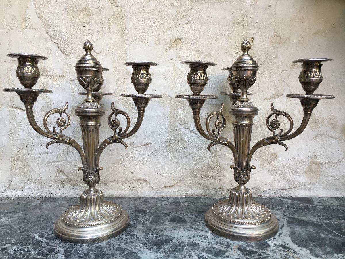 Paire De Candélabres Louis XVI En Bronze Argenté 19ème.