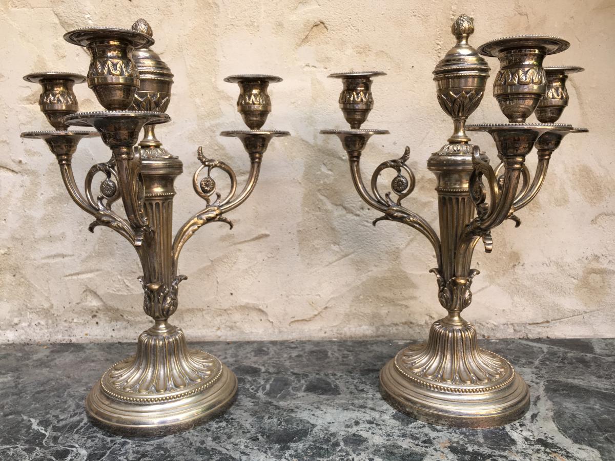 Pair Of Candelabra Louis XVI Silvered Bronze 19thc.-photo-3