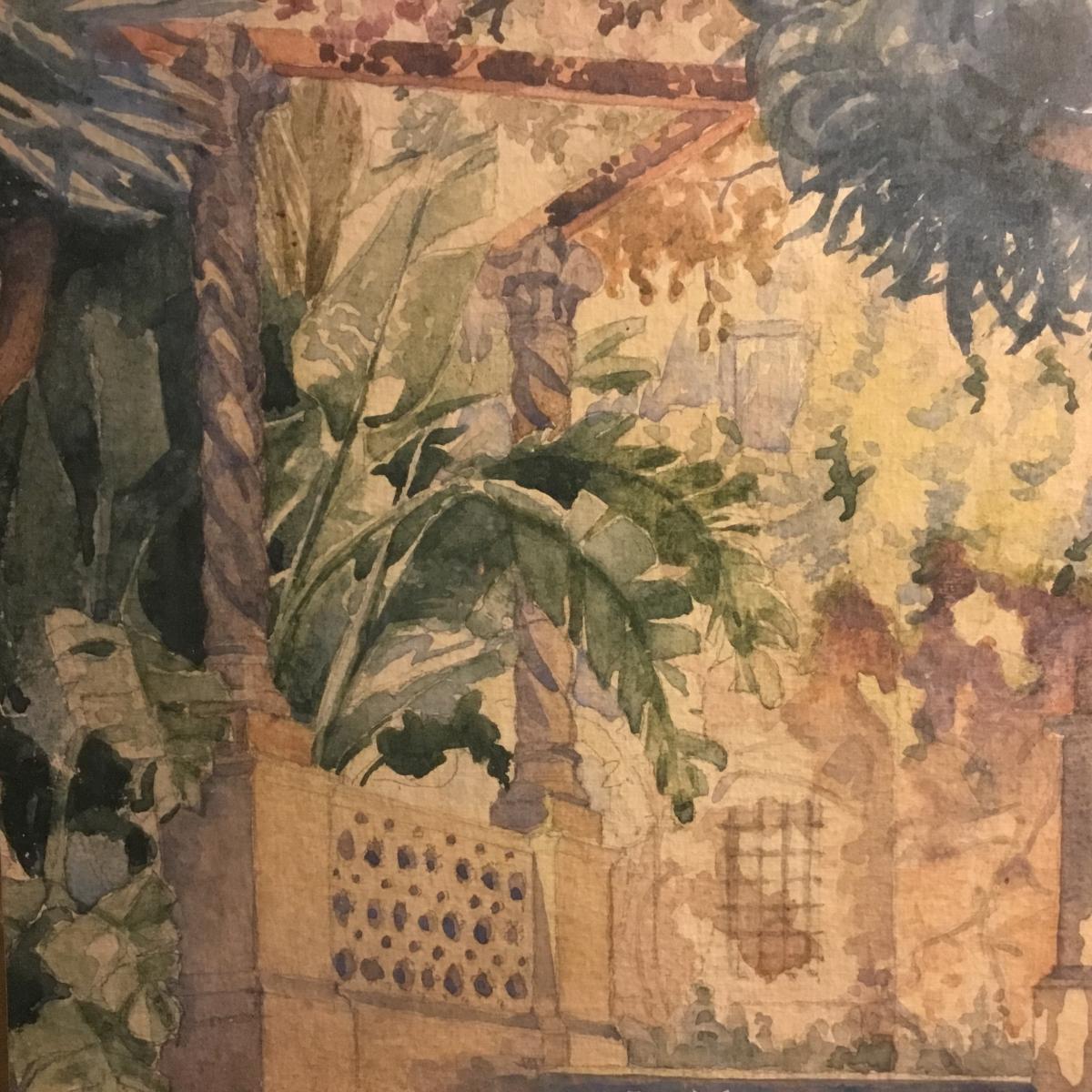Aquarelle Jardin Arabe,cour Ensoleillée Vers 1900. Monogrammé F.b.-photo-1
