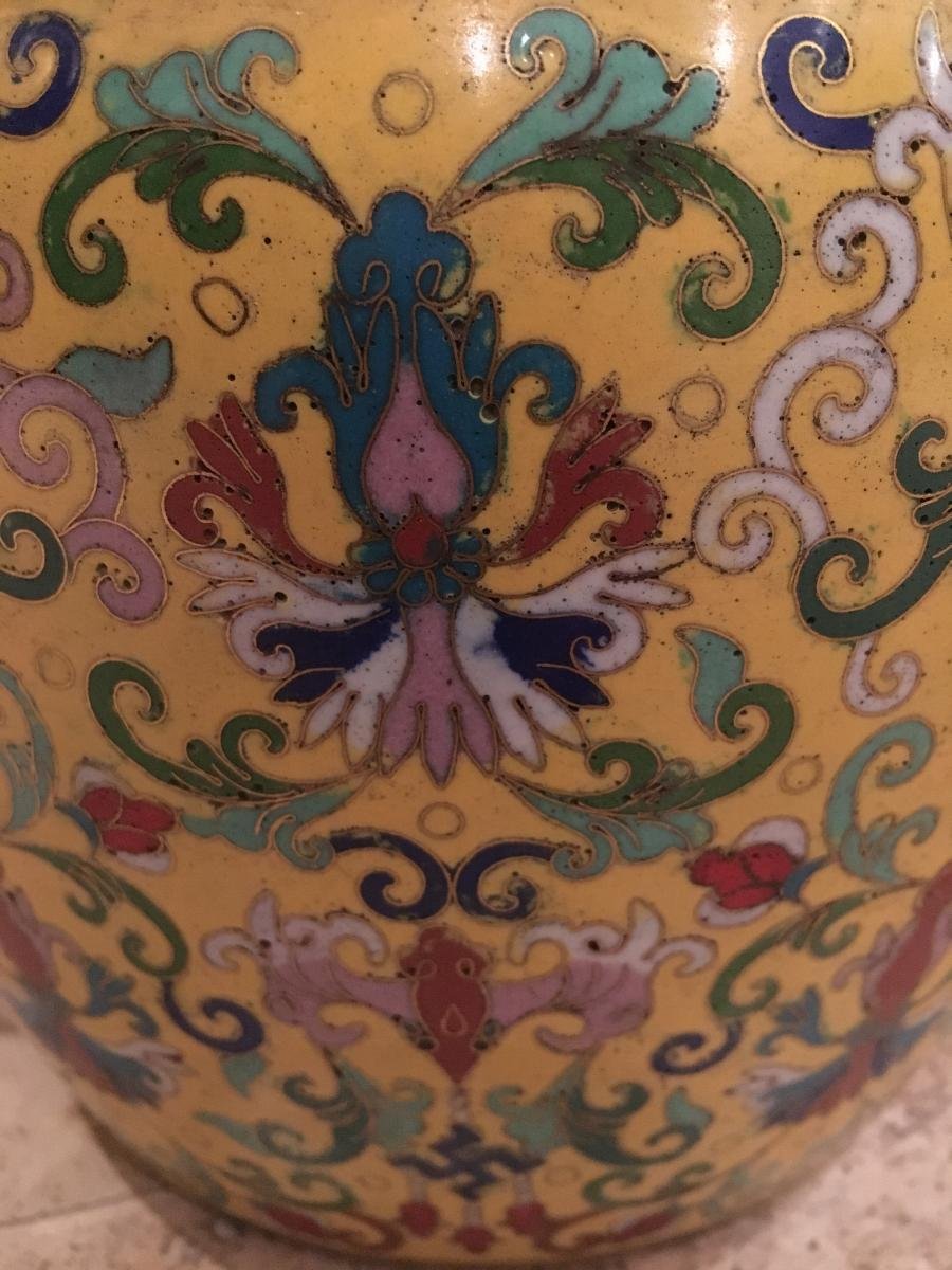 Pair Of Cover Pots 20thc. Cloisonné Enamel-photo-2