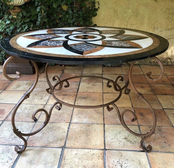 Decorative Wrought Iron Table With Inlaid Marble Top.-photo-2