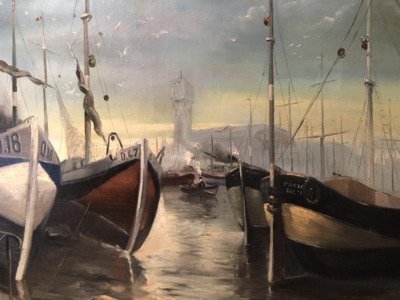 Grand tableau décoratif "Bateaux dans le port d'Ostende" 20ème.-photo-4