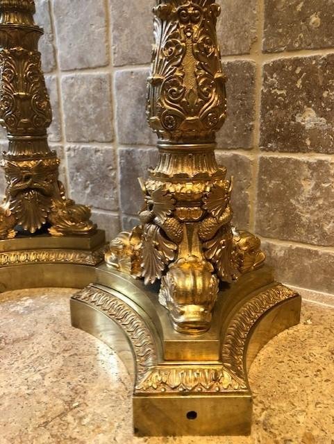 Pair Of Very Large Charles X Candelabra / Lamp Feet In Gilt Bronze.-photo-3