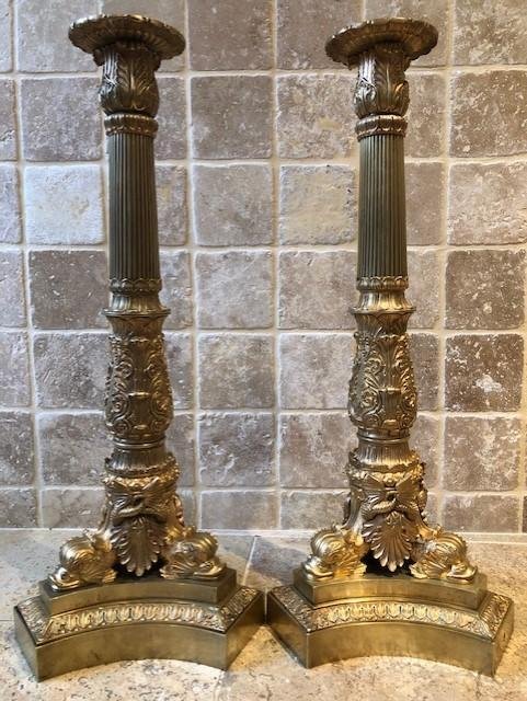 Pair Of Very Large Charles X Candelabra / Lamp Feet In Gilt Bronze.-photo-4