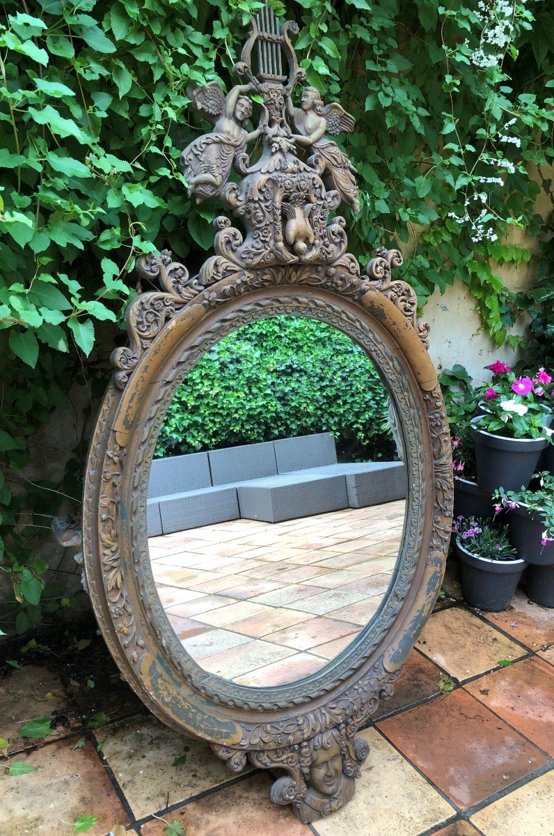 Large Decorative Mirror In Carved Wood 19thc. (156 Cm)-photo-2