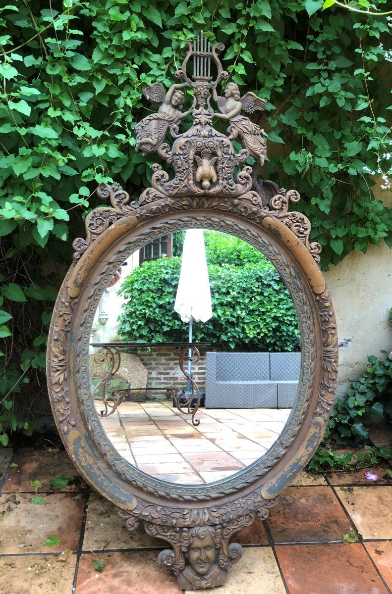 Grand Miroir Décoratif En Bois Sculpté 19ème. ( 156 Cm )-photo-2