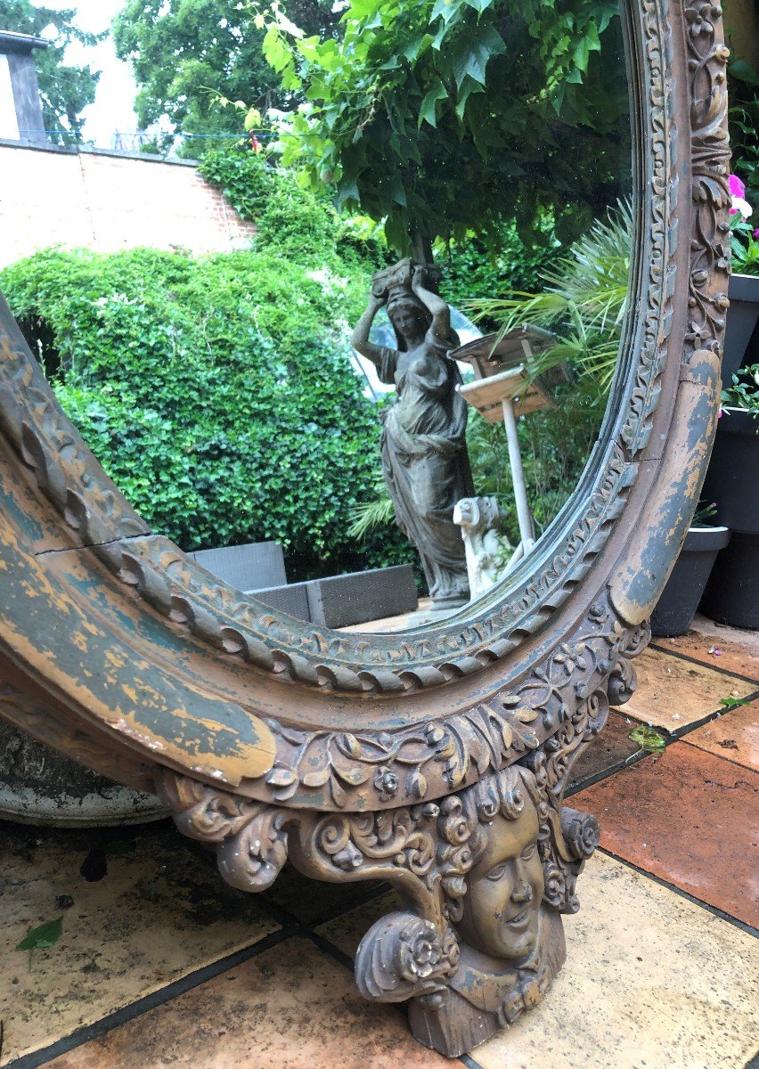 Large Decorative Mirror In Carved Wood 19thc. (156 Cm)-photo-5