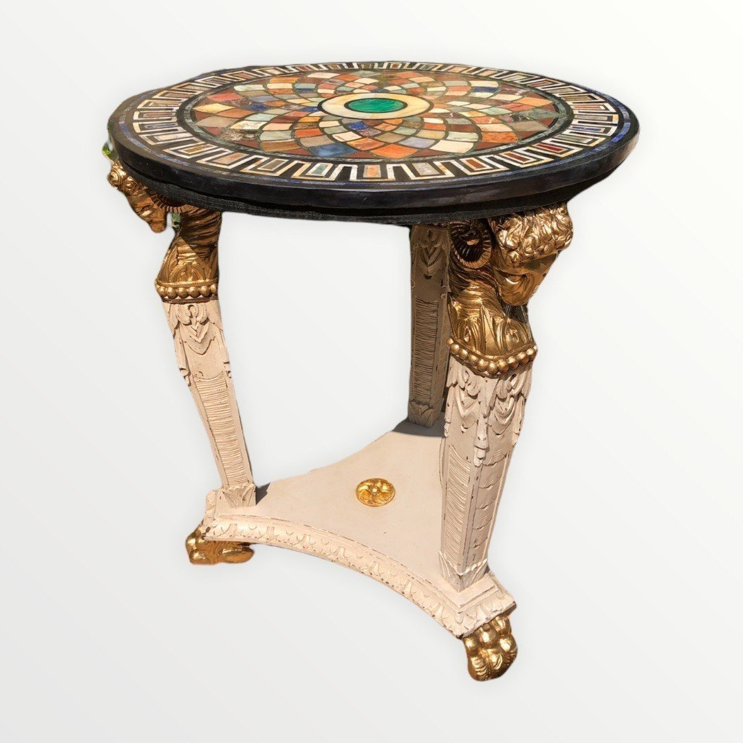 Pretty Central Table With Rams Heads / Claw Feet And Inlaid Marble Top.-photo-8