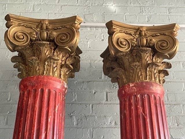 Pair Of Large Columns With Corinthian Capitals In Plaster Early 20thc.-photo-2