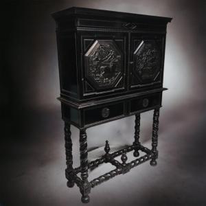 Cabinet With Carved Panels In Ebony 17th /19th Century