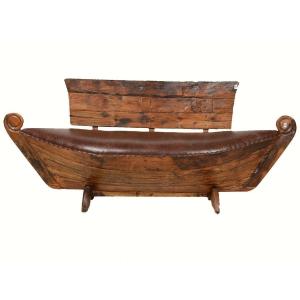 Special "boat" Bench In Solid Wood With Seat In Brown Skai 20thc.