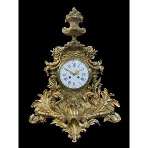 Large French Clock With Floral Decor In Gilt Bronze 19thc.