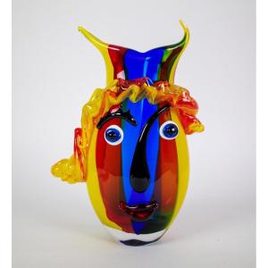 Vase En Verre De Murano Coloré " Clown Face " 20ème.