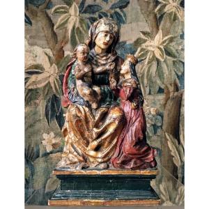 Saint Anne Trinitarian In Polychromed Wood 16th Century