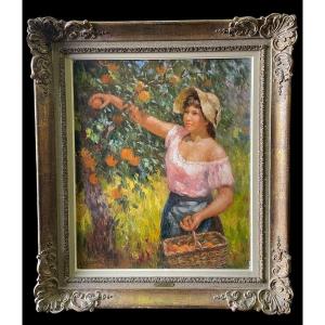 Nice Painting "girl Picking Oranges" Oil On Canvas 20thc.