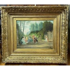 Romantic Painting "nobleman In The Castle Garden" Oil On Canvas 19thc.