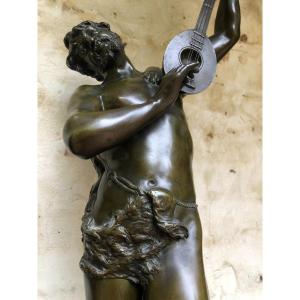 Large Bronze Sculpture "man Musician" Signed Rousseau, 19thc.