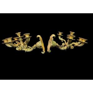 Pair Of Restoration Style Gilt Bronze Sconces With 6 Lights.