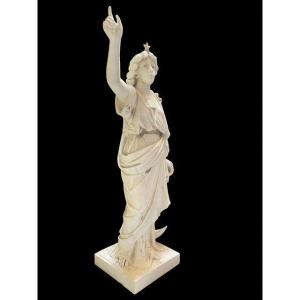 Large Carrara Marble Sculpture "lady With Anchor" 19thc. (110 Cm)