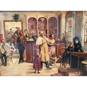 Decorative Painting "in The Tavern" Oil On Canvas Late 19thc.
