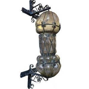 Large Outdoor Lamp / Lantern In Wrought Iron And Curved Glass 1930 (126 Cm)