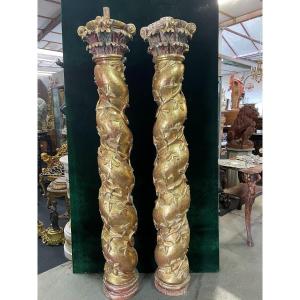 Pair Of Large Twisted Columns With Capitals Early 17th Century.