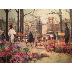 Peinture Huile Sur Toile "marché Aux Fleurs d'été" 20ème.