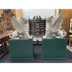 Pair Of Large Mythological Winged Lions In Cast Iron Empire Style 20thc.