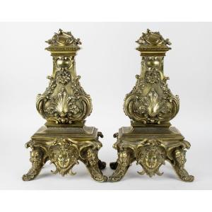 Pair Of 19th Century Bronze Castle Andirons.